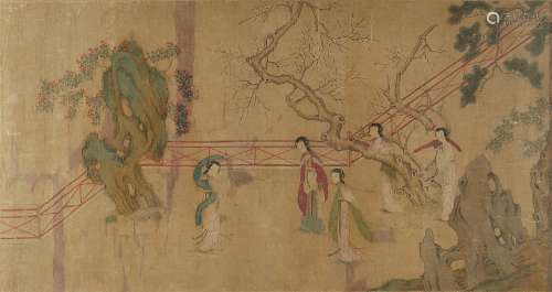 A Chinese painting on silk depicting five ladies & a child in a garden with a ball, 18th century,