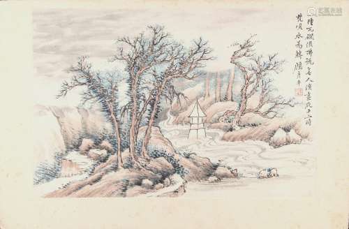 A Chinese painting on paper depicting a river landscape, early 20th century, with calligraphy &
