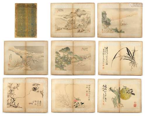 A folio containing eight late 19th / early 20th century Chinese paintings on paper, four depicting
