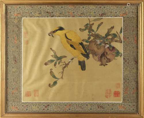 An early 20th century Chinese painting on silk depicting a bird on a fruiting pomegranate branch