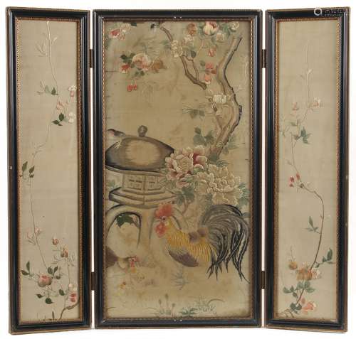 Property of a lady - a late 19th / early 20th century Chinese embroidered silk three panelled