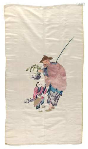An early / mid 20th century Chinese embroidered silk panel depicting a fisherman & boy, unframed, 54