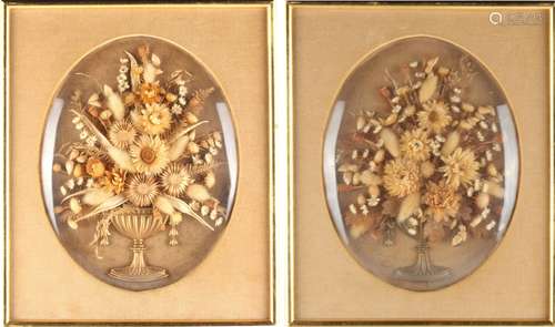 Property of a gentleman - a pair of dried flower collages, each depicting flowers in a vase, in gilt