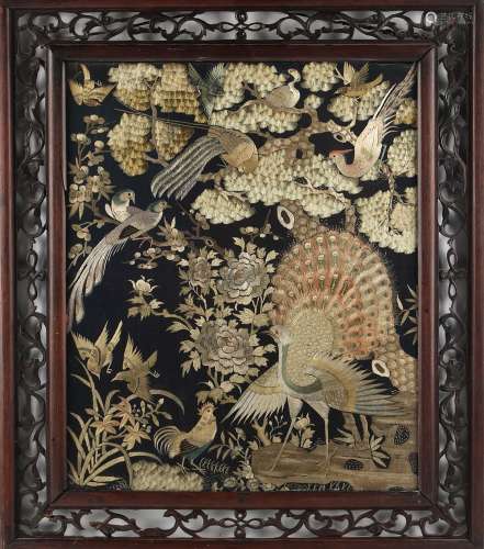 A 19th century Chinese embroidered silk 'Hundred Birds' panel, with black ground, 16.4 by 13.