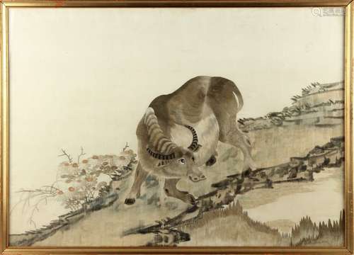 A Chinese embroidered silk panel depicting a buffalo in landscape, early / mid 20th century, the