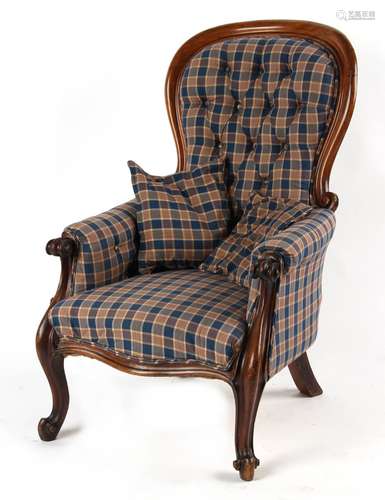 Property of a deceased estate - a Victorian carved mahogany & check upholstered spoon-back armchair,