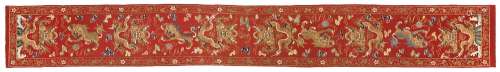 A good long Chinese brick red hanging, late 19th / early 20th century, worked in couched gold thread
