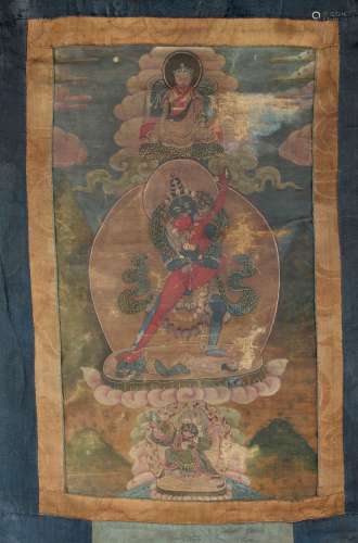 A small thanka or thangka, 18th / 19th century, depicting Chakrasamvara & Vajravarahi, the