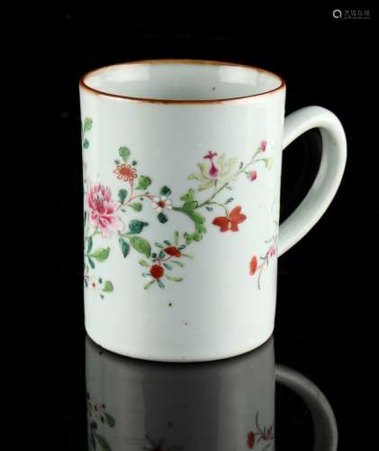 Property of a deceased estate - an 18th century Chinese famille rose mug or tankard, painted with