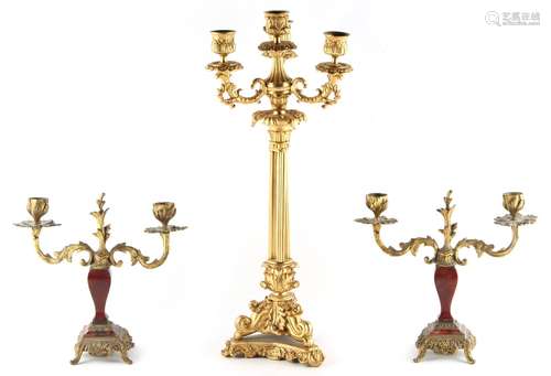 Property of a gentleman - a late 19th century French gilt metal four light candelabrum, 18.5ins. (