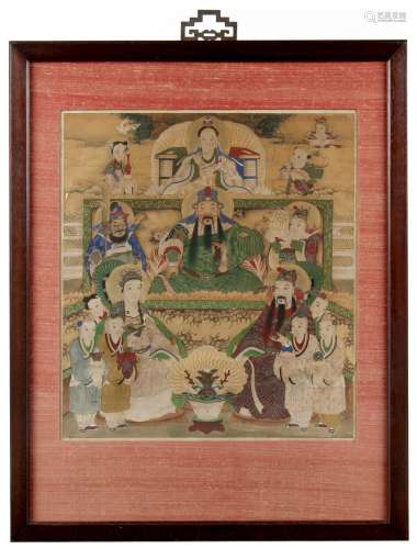 A 19th century Chinese painting on paper depicting Guandi with attendants, the painting 24.8 by 22.