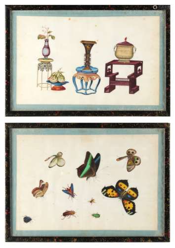 Two 19th century Chinese paintings on pith paper, one depicting furniture & precious objects, the