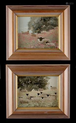 Property of a lady - modern British - SHEEP IN PASTURE - oils on board, a pair, each 4 by 5ins. (