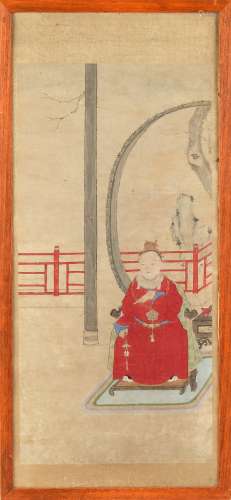 A late 19th / early 20th century Chinese painting on paper depicting a dignitary seated on