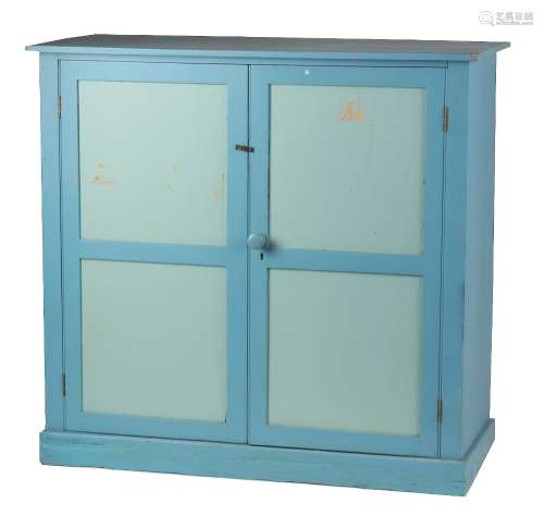 Property of a gentleman - a Victorian blue painted pine two-door cupboard enclosing shelves,