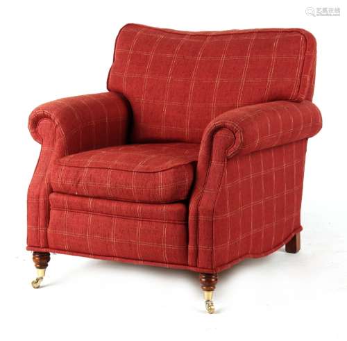 Property of a deceased estate - a good quality Howard style red check upholstered armchair, with