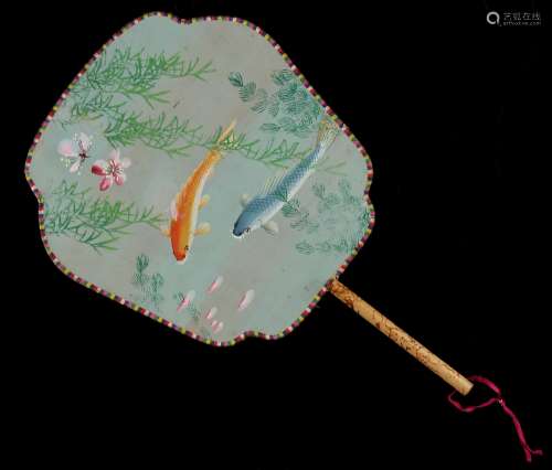 A mid 20th century Chinese painted silk fan, painted with fishes in a pond, with bamboo handle, 12.