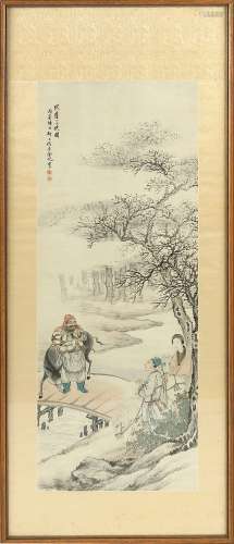 An early 20th century Chinese painting on paper depicting a river landscape with three figures & two