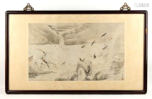 A late 19th / early 20th century Chinese painting on paper depicting birds in river landscape,