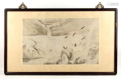 A late 19th / early 20th century Chinese painting on paper depicting birds in river landscape,