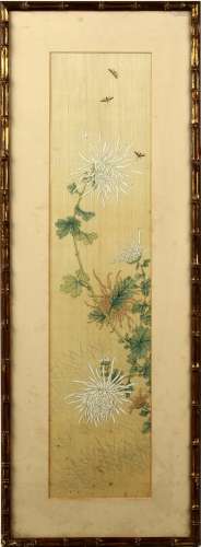 A Chinese painting on silk depicting butterflies above chrysanthemums, early 20th century, the