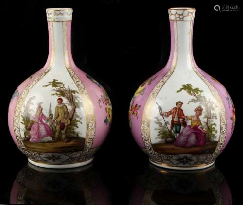 A pair of late 19th / early 20th century Dresden style porcelain bottle vases, decorated with
