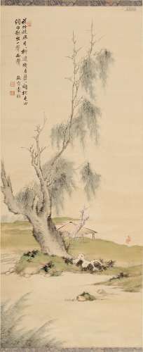 A Chinese scroll painting on silk depicting a Scholar in Landscape, early 20th century, with