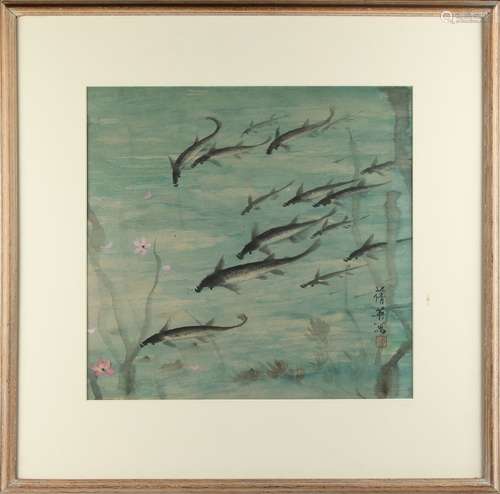 Miss Chien-Ying Chang (Chinese, 1913-2004) - 'FISHES' - watercolour on paper, the painting 15.1 by