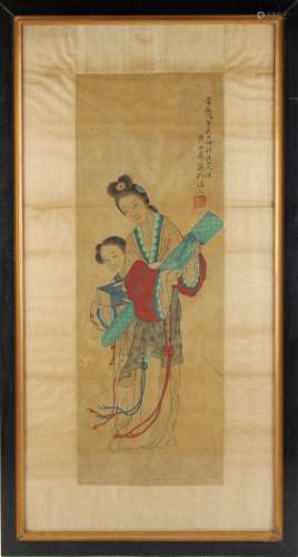 An early 20th century Chinese painting on silk depicting a standing lady & attendant, with