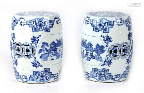 A pair of Chinese blue & white barrel seats, modern, each 18.1ins. (46cms.) high (2) (see