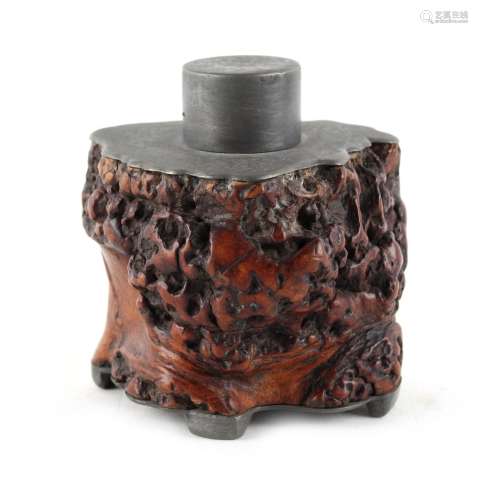 A Chinese pewter mounted carved rootwood tea cannister, late 19th / early 20th century, 3.5ins. (