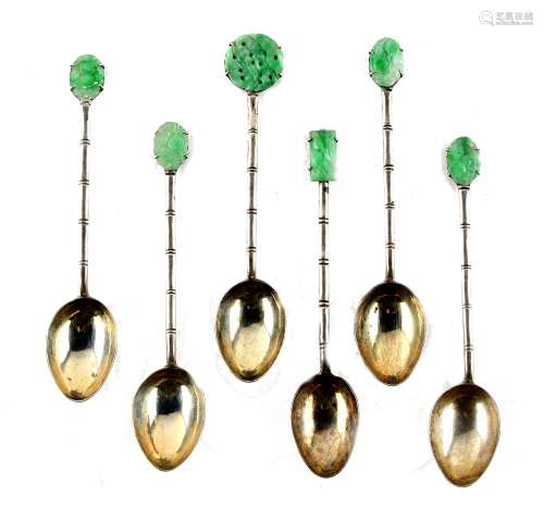Property of a lady - six Chinese silver teaspoons with simulated bamboo stems & carved jadeite