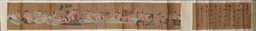 A late 19th / early 20th century Chinese erotic scoll painting on silk, with calligraphy & red seal,