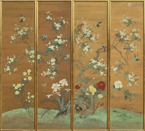 Property of a lady - a set of four Chinese paintings on paper depicting birds among flowers &