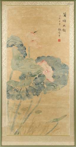 An early 20th century Chinese Republic period painting on paper depicting a dragonfly above lotus,