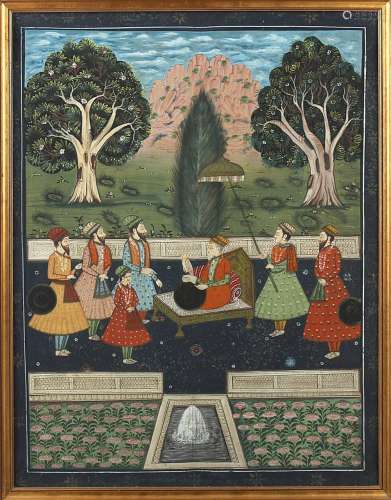 Property of a lady - a large Indian gouache painting depicting figures on a terrace, in gilt