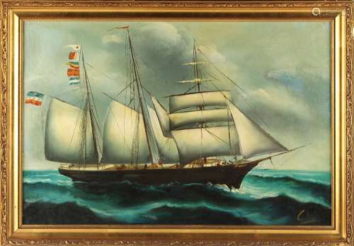 An early 20th century Chinese export painting on canvas depicting a sailing ship at sea, 15 by