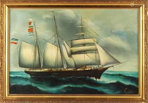 An early 20th century Chinese export painting on canvas depicting a sailing ship at sea, 15 by