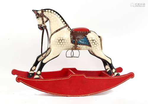 Property of a gentleman - a carved & painted wood dapple grey rocking horse, with bow rocker,