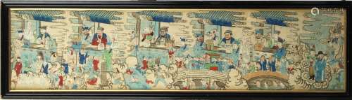 An unusual 19th century Chinese painting on silk depicting five scholars seated at tables surrounded