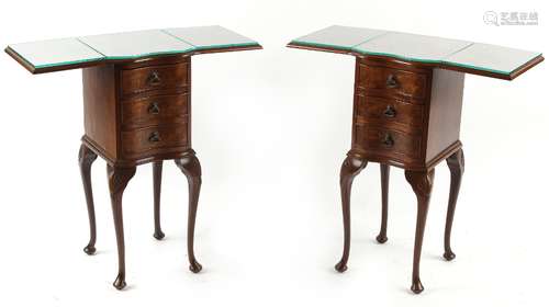 Property of a gentleman - a pair of burr walnut veneered serpentine fronted drop-leaf bedside