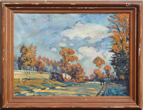 Continental school, mid 20th century - LANDSCAPE WITH FIGURES IN LANE - oil on canvas, 23.5 by 31.