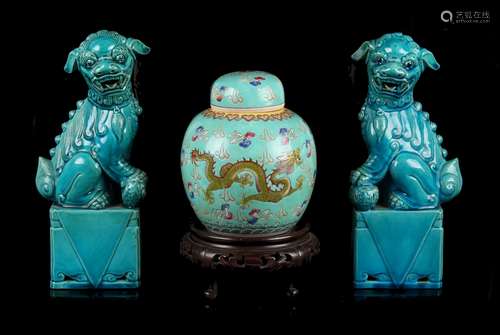 Property of a deceased estate - a pair of Chinese turquoise glazed models of Buddhistic lions,