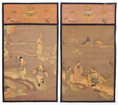 A pair of late 19th / early 20th century Chinese kesi silk panels depicting figures in landscapes,