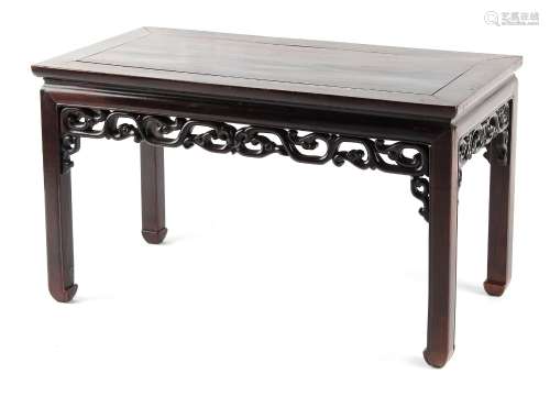 A late 19th century Chinese hongmu rectangular topped kang table, with carved & pierced frieze, 36.