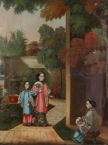 Chinese school (mid 19th century) - THREE FIGURES IN GARDENS - oil on canvas, 15.2 by 11.3ins. (38.6