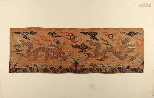 A 19th century Chinese kesi silk panel depicting two dragons & flaming pearls above waves,