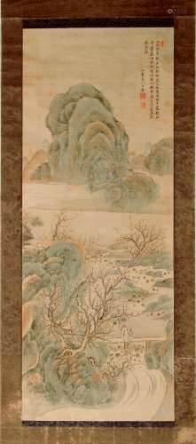 A Chinese scroll painting on silk, late 19th century, depicting two figures in a mountainous