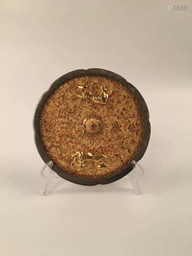 Chinese Gilt Bronze Octalobed Mirror With 