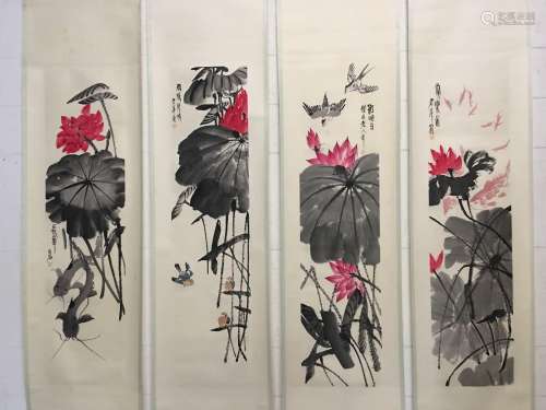 Four Hanging Scrolls Of Lotus